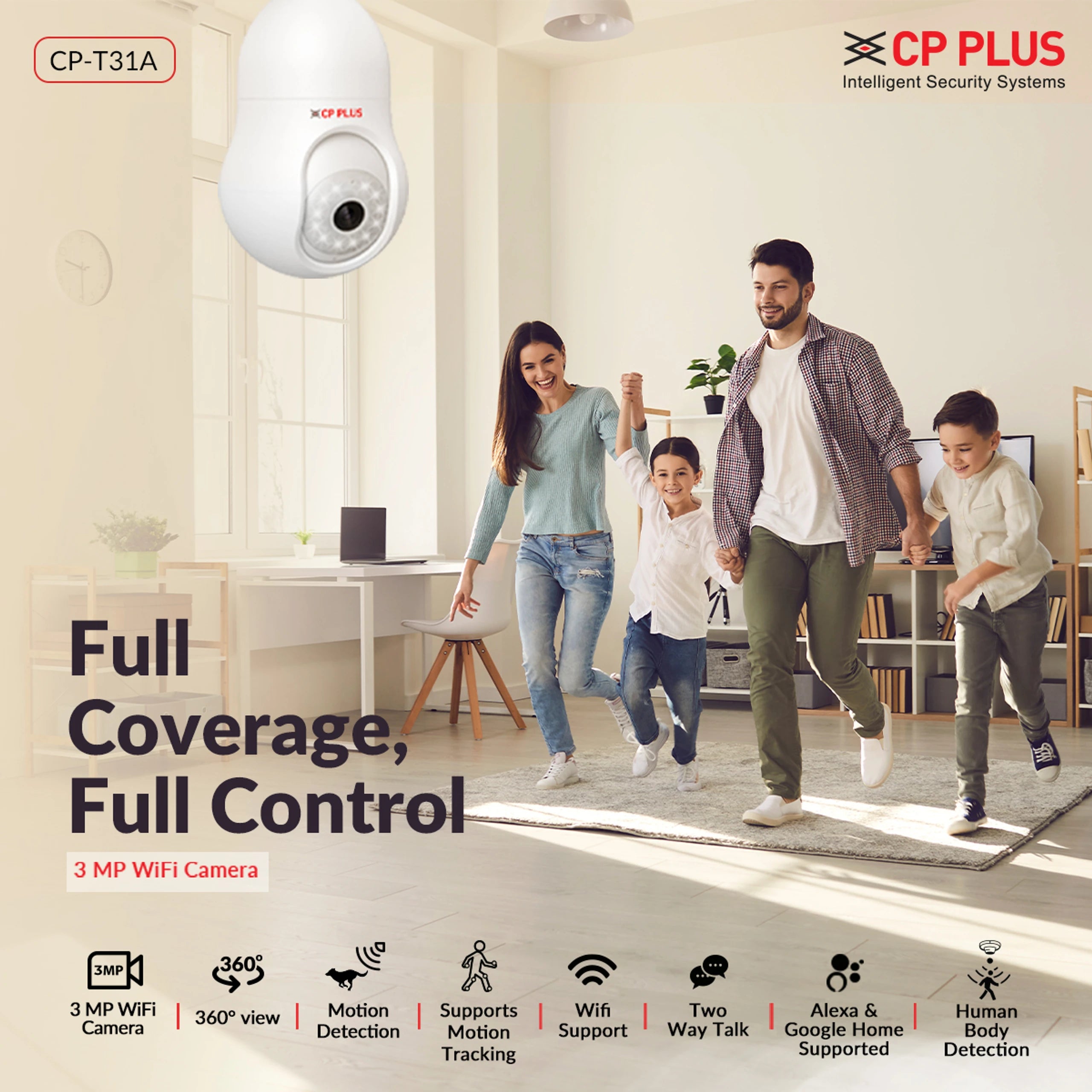CP PLUS 3 MP Resolution Smart Wi-fi Bulb Security Camera | 360° View | 2 Way Talk | Motion Tracking & Detection Alert | Built-in Siren | Advanced Night Vision | CP-T31A