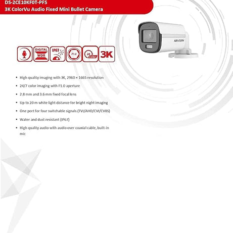 HIKVISION 3K ColorVu Audio Fixed Mini Bullet Camera DS-2CE10KF0T-PFS