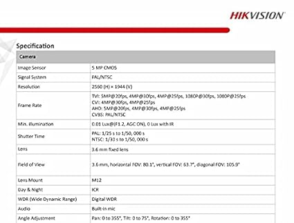 HIKVISION 5 MP Outdoor Bullet CCTV Ethernet Camera with inbuilt Audio Mic IP67 DS-2CE16H0T-ITPFS + BNC/DC, 1080p White