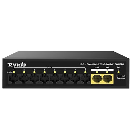Tenda SG110PC 10-Port Gigabit Lite PoE Switch with 8-Port PoE (Black)
