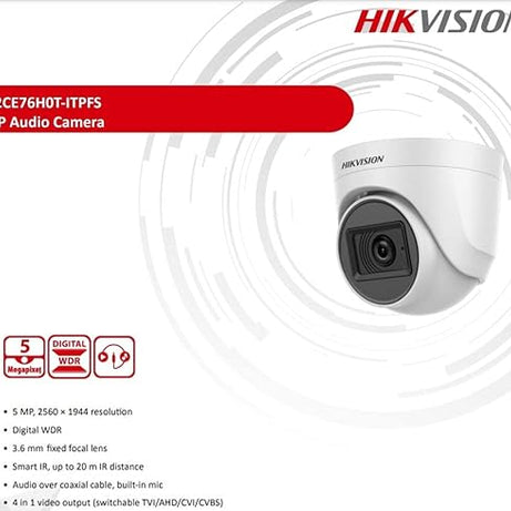 HIKVISION 5 MP Indoor Dome CCTV Camera with inbuilt Audio Mic DS-2CE76H0T-ITPFS White Wired, 1080P
