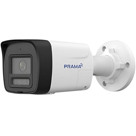Prama PT-NC140D7-WNMS/AW(D2) 4MP Dual Light Fixed Bullet Network Camera | 24/7 Color Imaging | Smart Human & Vehicle Detection | IR + White Light 30m | Two-Way Audio | PoE | Included PVC Stickers