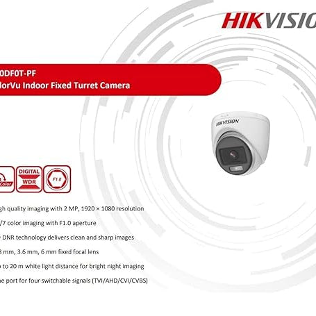 HIK Color-VU DS-2CE70DF0T-PF 2 MP Night Vision Dome Indoor CCTV, Compatible for All HIKVISION 2MP and Above DVRs 3.6 mm Lens and Light Distance 20 m (Wired, White, 1080p)