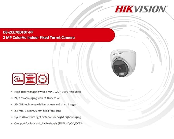 HIK Color-VU DS-2CE70DF0T-PF 2 MP Night Vision Dome Indoor CCTV, Compatible for All HIKVISION 2MP and Above DVRs 3.6 mm Lens and Light Distance 20 m (Wired, White, 1080p)