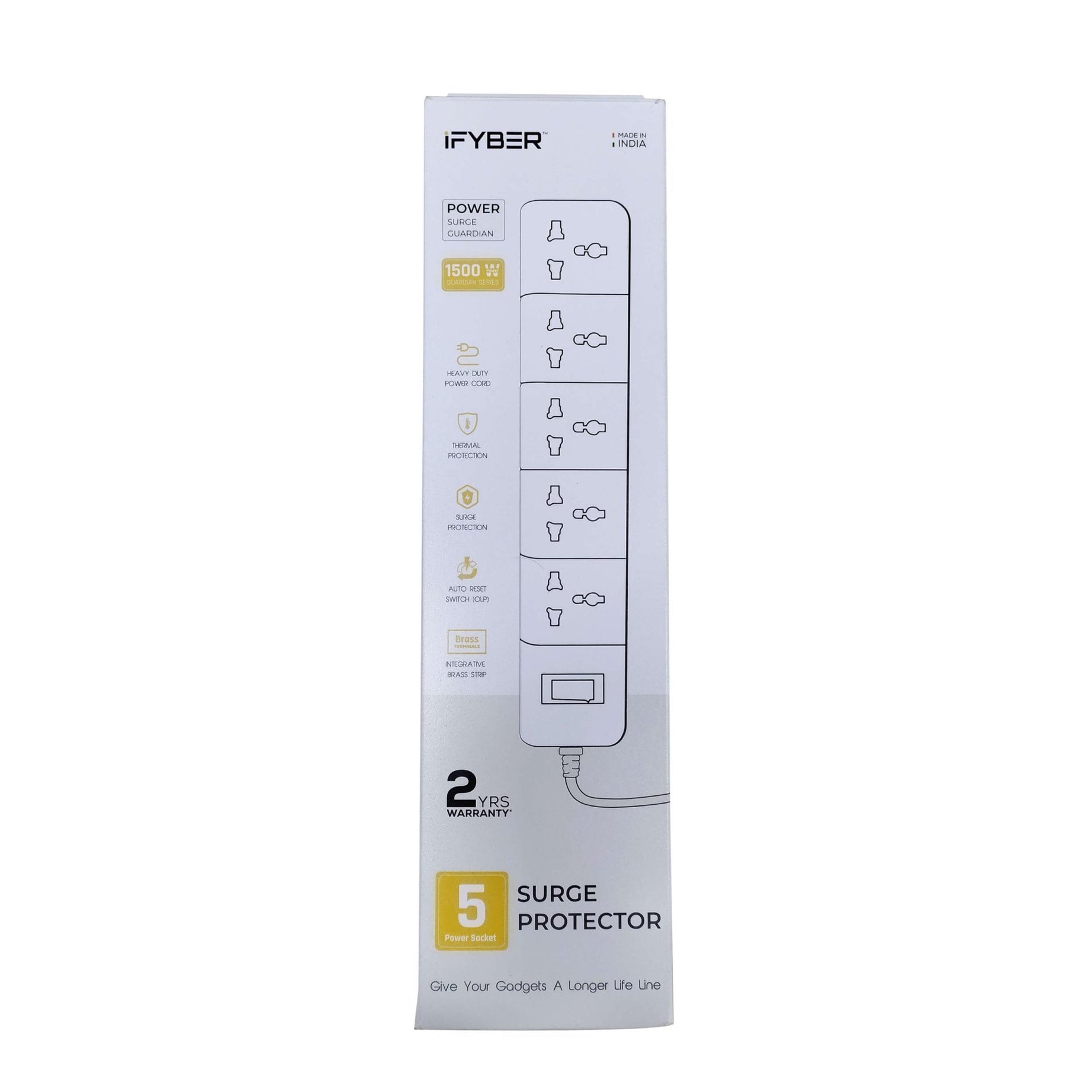 FYBER FY-SP11 5 Universal Socket Surge Protector with Auto Reset Switch – Grey, 2 Meter Cable