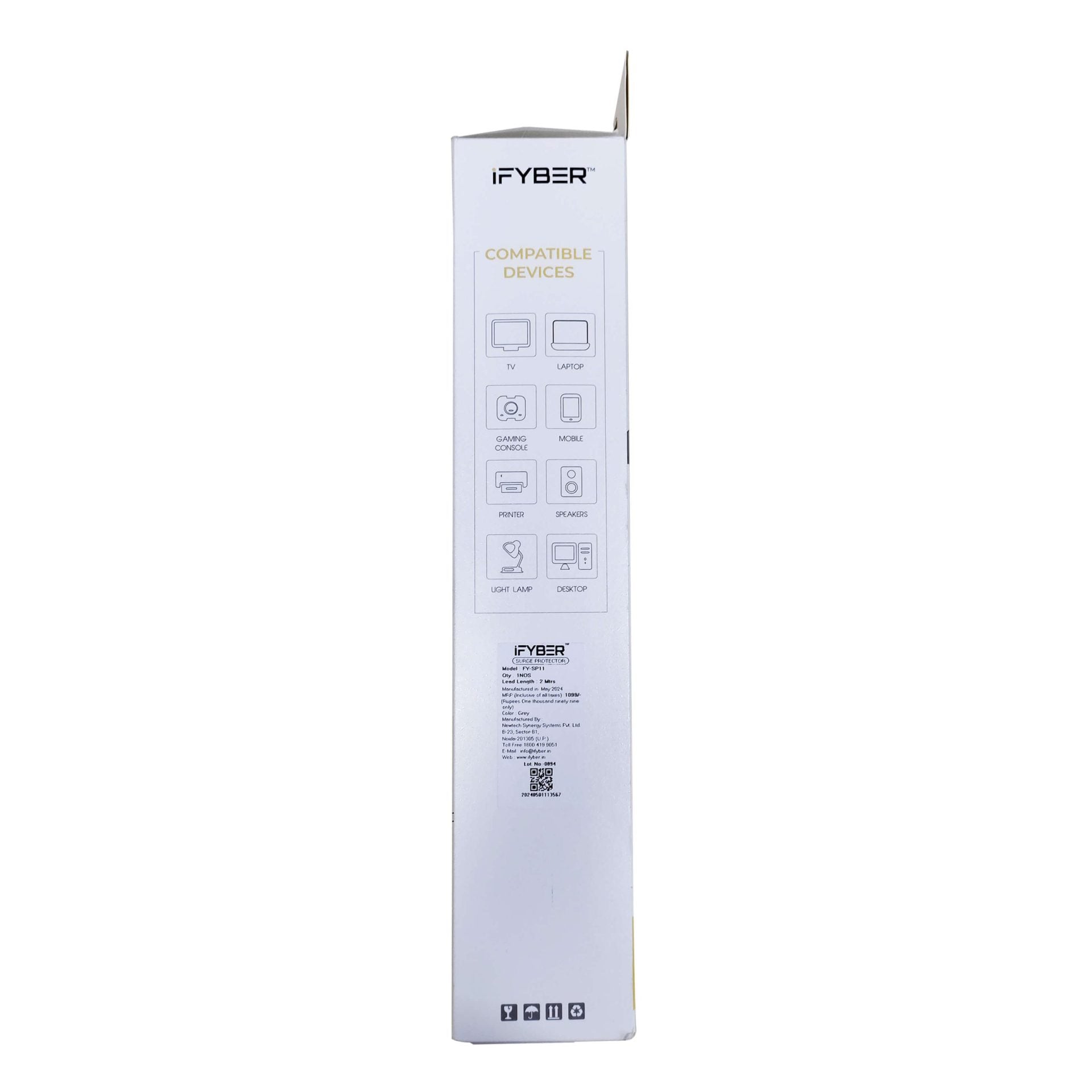 FYBER FY-SP11 5 Universal Socket Surge Protector with Auto Reset Switch – Grey, 2 Meter Cable